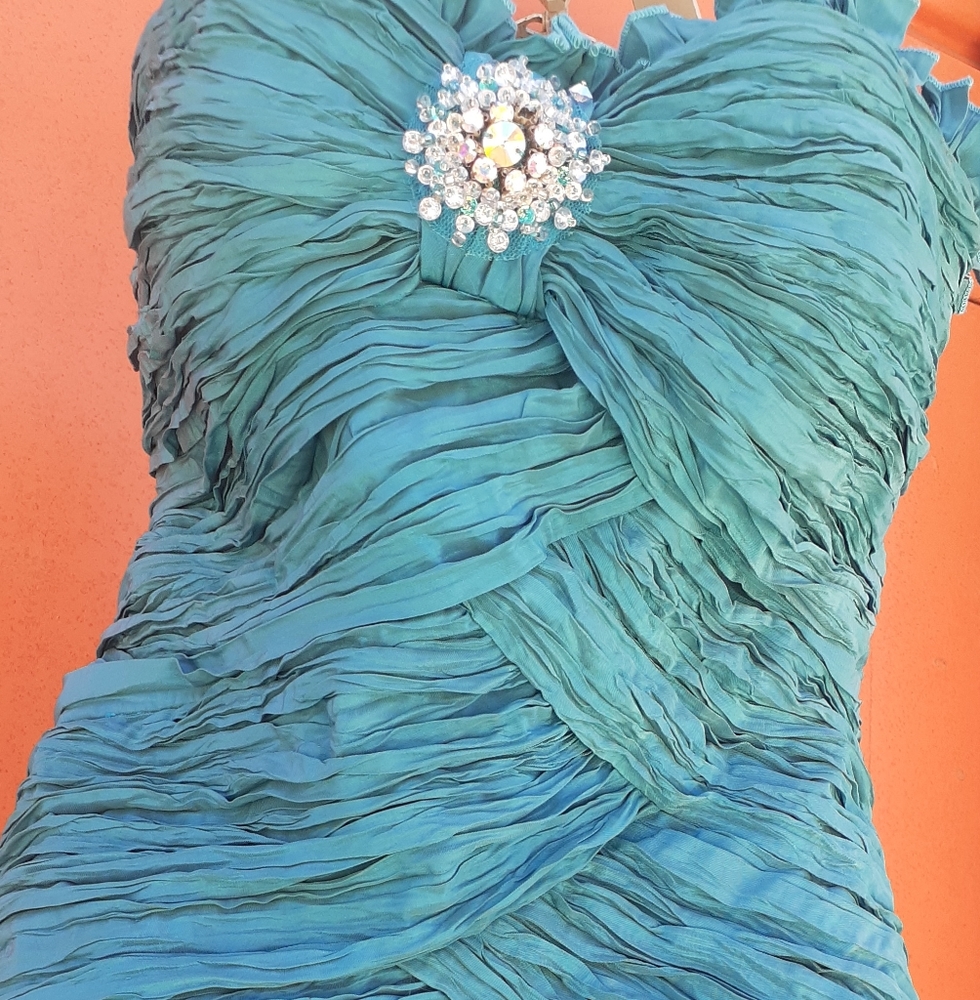 Alyce Designs AQUA Strapless Drop Waist Flamingo Style Gown Ruche High & Low 4 - Picture 7 of 17